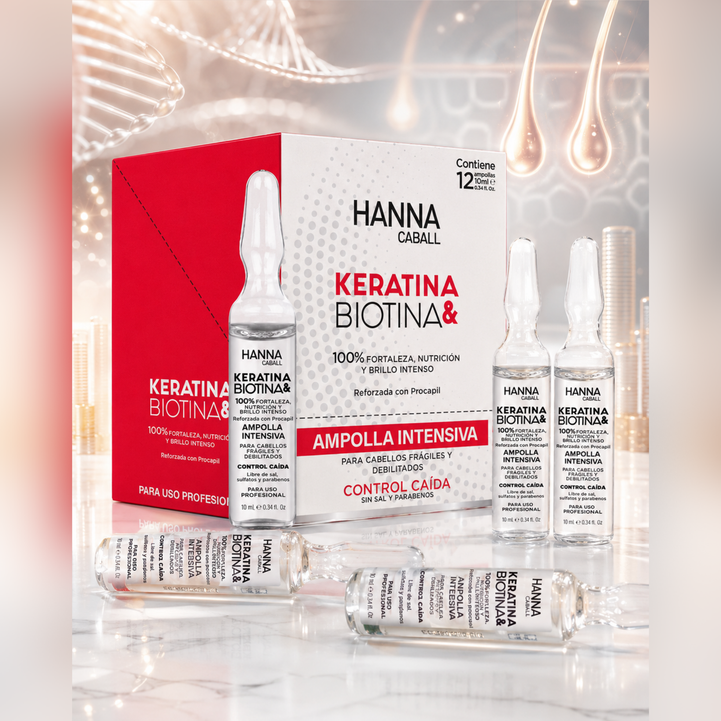 BOX 12 Ampolla Intensiva Control Caída Keratina & Biotina - Hanna Caball